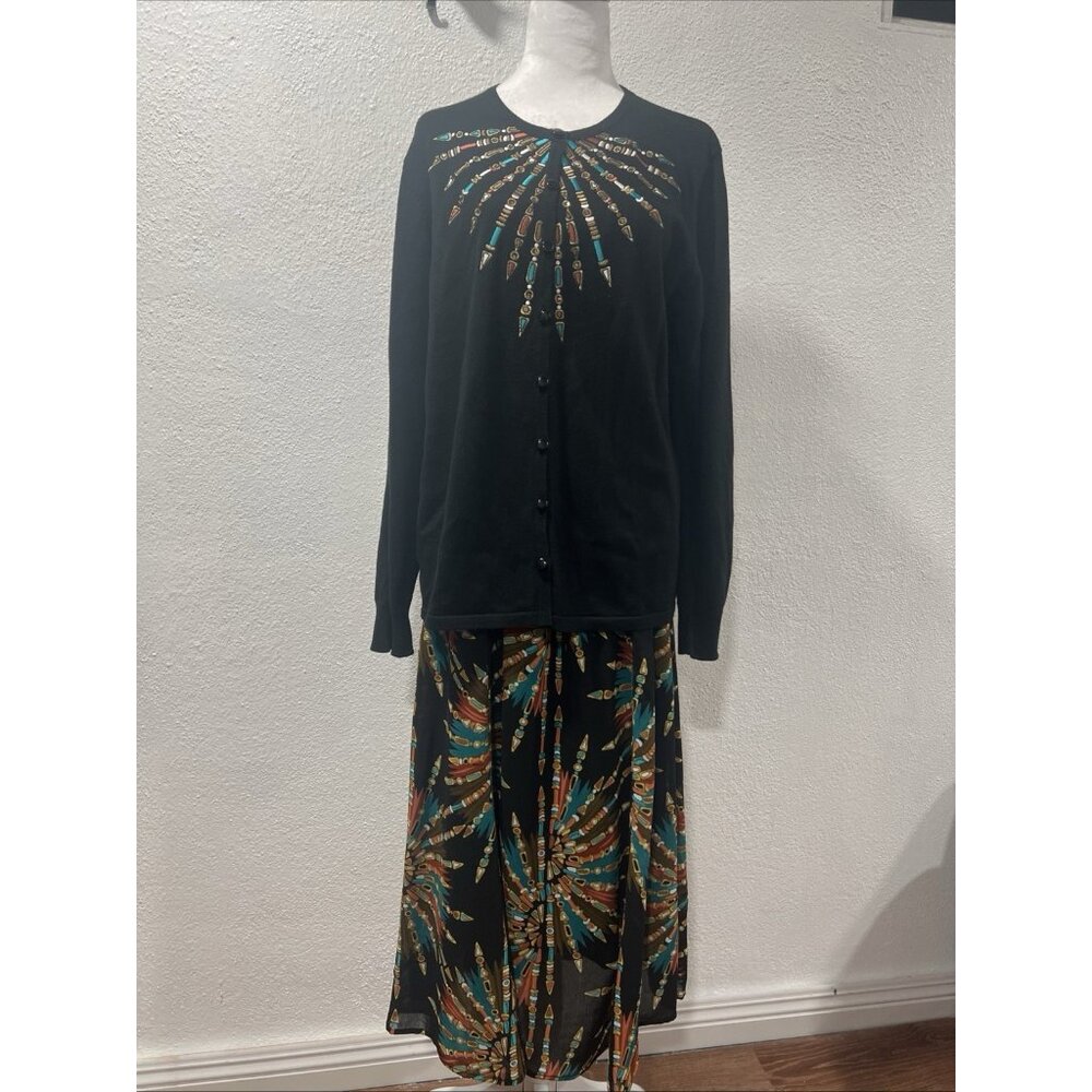 Bob Mackie  Art Cardigan Sweater And Skirt Sz L/M Black Embroidered Bejeweled‎